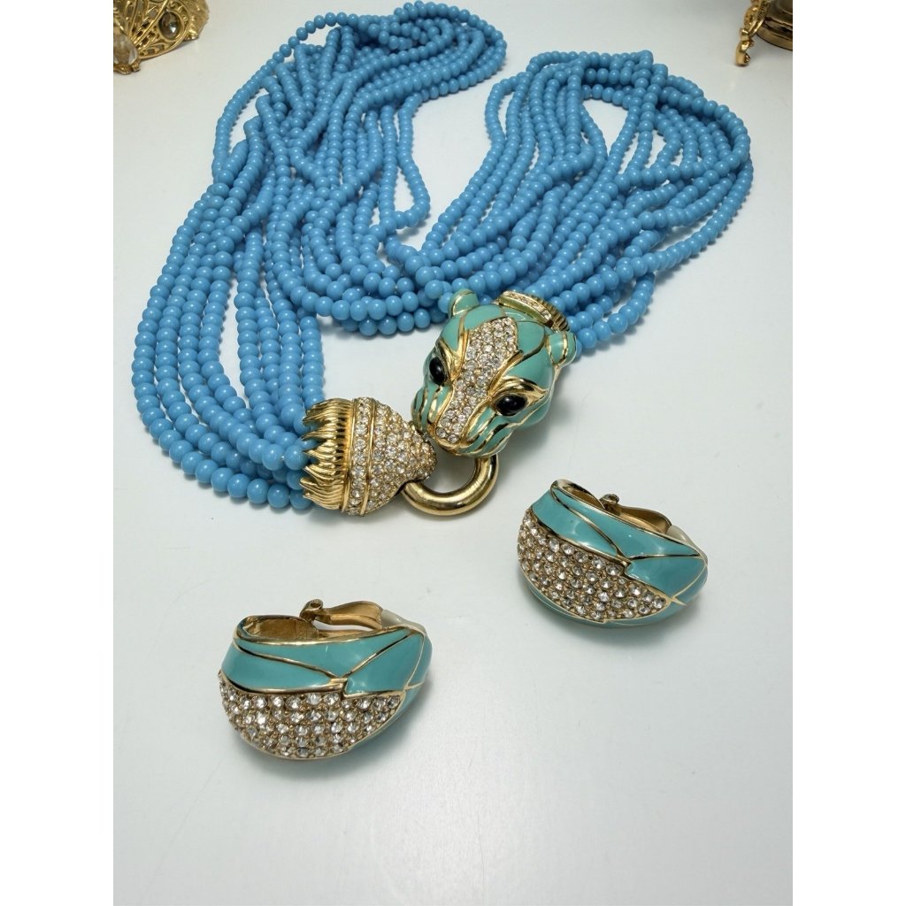 Ciner Luxury Feline Head Turquoise Beaded Necklace Earrings Set Vtg Stunning 1200$